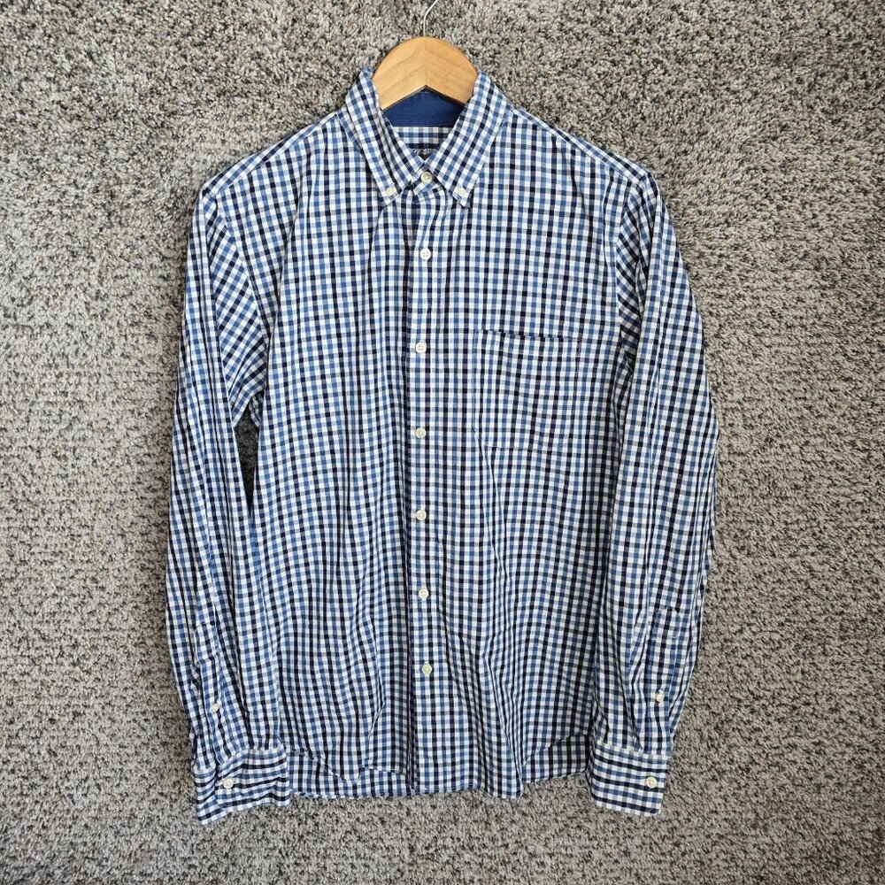 J Crew Shirt Mens Medium Blue Check Button Down Indigo Slim Fit Long Casual
